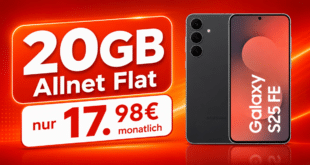 Samsung Galaxy S25 FE für einmalig 9€ mit 20GB Allnet Flat (+5GB extra SIM) nur 17.98€ monatlich