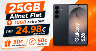 Samsung Galaxy S26 mit 25GB Allnet Flat (+10GB extra SIM) und 50€ Wechselbonus nur 24.98€ monatlich