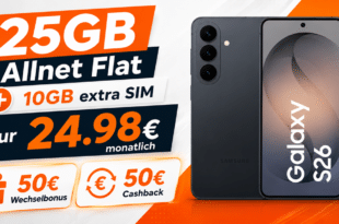Samsung Galaxy S26 mit 25GB Allnet Flatrate (+10GB extra SIM) und 50€ Wechselbonus & 50€ Cashback nur 24.98€ monatlich