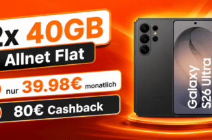 Samsung Galaxy S26 Ultra für einmalig 99€ mit 2x 40GB Allnet Flat und 80€ Cashback nur 39.98€ monatlich