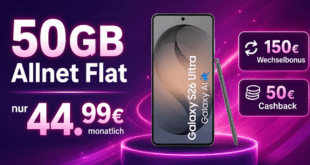 Samsung Galaxy S26 Ultra für einmalig 59€ mit 50GB Allnet Flat und 150€ Wechselbonus und 50€ Cashback nur 44.99€ monatlich
