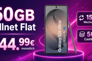 Samsung Galaxy S26 Ultra für einmalig 89€ mit 50GB Allnet Flatrate und 150€ Wechselbonus und 50€ Cashback nur 44.99€ monatlich