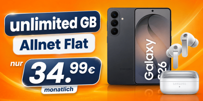 Samsung Galaxy S26 & Buds4 Pro für einmalig 119€ mit o2 unlimited Allnet Flat nur 34.99€ monatlich