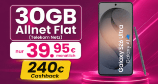 Samsung Galaxy S26 Ultra für einmalig 239 Euro mit 30GB Telekom Allnet Flat & 240€ Cashback nur 39.95€ monatlich