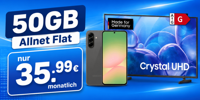 Samsung 55 Zoll UHD TV & Galaxy A56 EE mit 50GB Allnet Flat nur 35.99 Euro monatlich