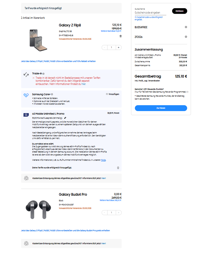 samsung z flip8 gutscheincodes buds4 pro gratis
