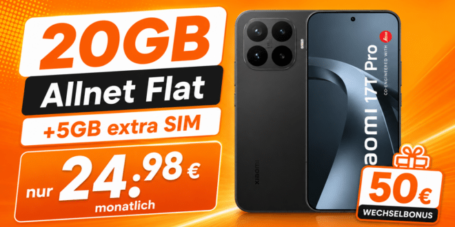 Xiaomi 17T Pro für einmalig 1€ (Einsendung Altgerät) mit 20GB Allnet Flat und 50€ Wechselbonus nur 24.98€ monatlich