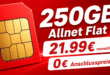monatlich kündbar im Vodafone Netz – 250GB Allnet Flatrate nur 21.99€ monatlich – 0€ Anschlusspreis