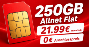 monatlich kündbar im Vodafone Netz – 250GB Allnet Flatrate nur 21.99€ monatlich – 0€ Anschlusspreis