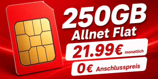 monatlich kündbar im Vodafone Netz – 250GB Allnet Flatrate nur 21.99€ monatlich – 0€ Anschlusspreis