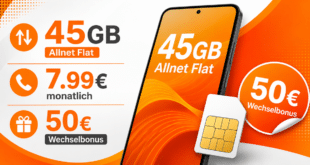 45GB Allnet Flatrate im Vodafone Netz mit 50€ Wechselbonus nur 7.99€ monatlich