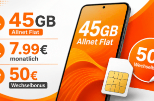 45GB Allnet Flatrate im Vodafone Netz mit 50€ Wechselbonus nur 7.99€ monatlich