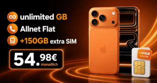 iPhone 17 Pro mit o2 unlimited GB Allnet Flat (+150GB extra SIM) nur 54.98€ monatlich