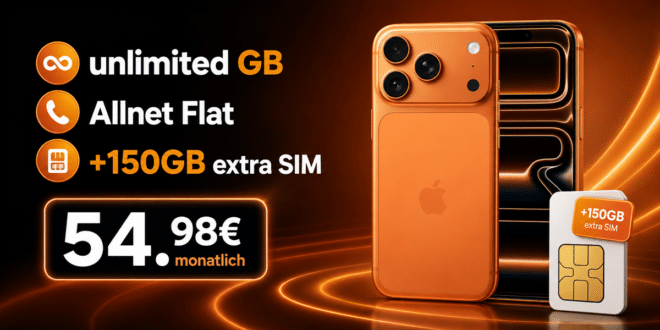 iPhone 17 Pro mit o2 unlimited GB Allnet Flat (+150GB extra SIM) nur 54.98€ monatlich