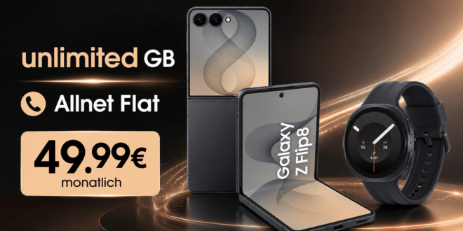 Samsung Galaxy Z Flip8 & Watch9 für einmalig 99€ mit o2 unlimited GB Allnet Flat für 49.99€ monatlich