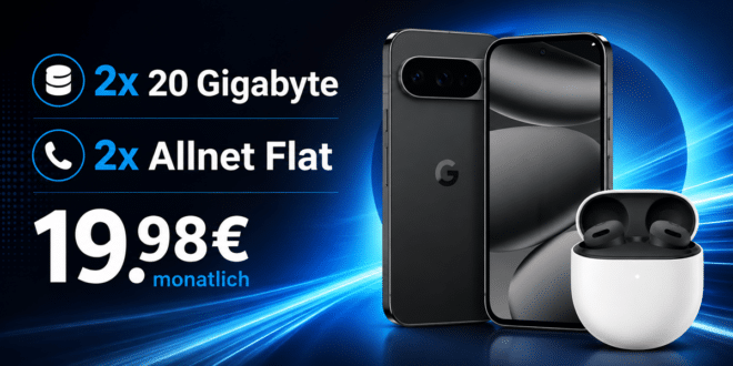 Google Pixel 10 Pro & Google Pixel Buds 2A für einmalig 1€ (Einsendung Altgerät) mit 2x 20GB Allnet Flat nur 19.98€ monatlich