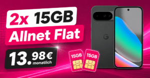 Google Pixel 10 für einmalig 9€ (Einsendung Altgerät) mit 2x 15GB Allnet Flat nur 13.98€ monatlich