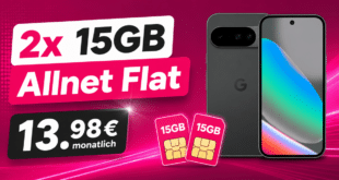 Google Pixel 10 für einmalig 9€ (Einsendung Altgerät) mit 2x 15GB Allnet Flat nur 13.98€ monatlich