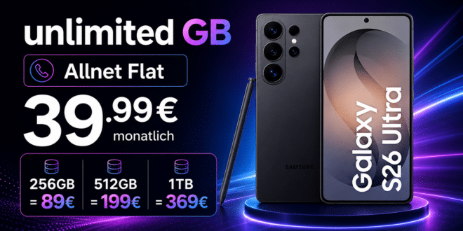 SAMSUNG Galaxy S26 Ultra für einmalig 89€ mit o2 unlimited Allnet Flat nur 39.99€ monatlich