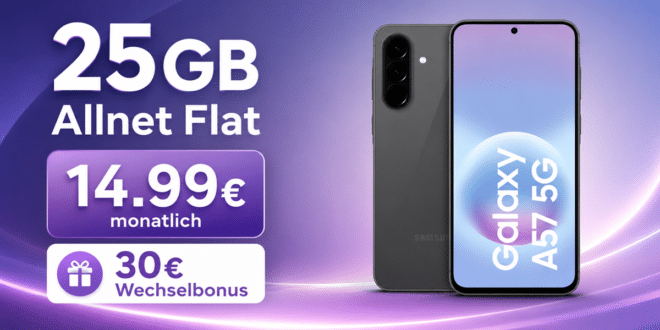 Samsung Galaxy A57 für einmalig 22€ mit 25GB Allnet Flat und 30€ Wechselbonus nur 14.99€ monatlich