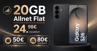 Samsung Galaxy S26 für einmalig 99€ mit 20GB Allnet Flat und 50€ Wechselbonus & 80€ Cashback nur 24.98€ monatlich
