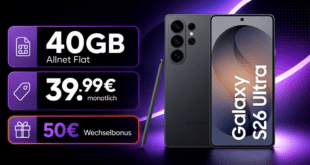 Samsung Galaxy S26 Ultra für einmalig 74€ (Einsendung Altgerät) mit 40GB Allnet Flat und 50€ Wechselbonus nur 39.99€ monatlich