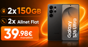 Samsung Galaxy S26 Ultra für einmalig 29€ (Einsendung Altgerät) mit 2x 150GB Allnet Flat nur 39.98€ monatlich