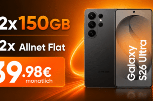 Samsung Galaxy S26 Ultra für einmalig 29€ (Einsendung Altgerät) mit 2x 150GB Allnet Flatrate nur 39.98€ monatlich