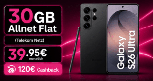 Samsung Galaxy S26 Ultra für einmalig 239 Euro mit 30GB Telekom Allnet Flat & 120€ Cashback nur 39.95€ monatlich