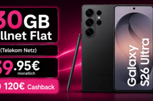 Samsung Galaxy S26 Ultra für einmalig 269 Euro mit 30GB Telekom Allnet Flat & 120€ Telekom Cashback & 80€ Anbieter Cashback nur 39.95€ monatlich