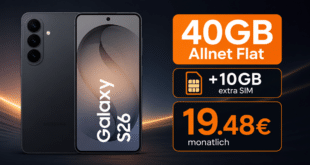 Samsung Galaxy S26 für einmalig 29€ mit 40GB Allnet Flat (+10GB extra SIM) nur 19.48€ monatlich