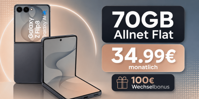 Samsung Galaxy Z Flip 8 für einmalig 159€ mit 70GB Allnet Flat und 100€ Wechselbonus nur 34.99€ monatlich