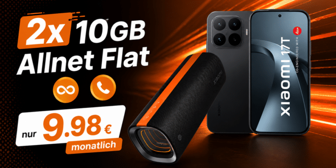 Xiaomi 17T & Xiaomi Soundbox für einmalig 29€ (Einsendung Altgerät) mit 2x 10GB Allnet Flat nur 9.98€ monatlich
