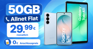 Samsung Galaxy S26 & Galaxy Tab A11 für einmalig 50€ mit 50GB Allnet Flat nur 29.99€ monatlich