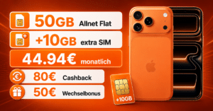 iPhone 17 Pro für einmalig 249€ mit 50GB Allnet Flatrate (+10GB extra SIM) und 80€ Cashback nur 44.94 Euro monatlich