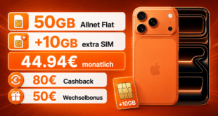 iPhone 17 Pro für einmalig 249€ mit 50GB Allnet Flat (+10GB extra SIM) und 80€ Cashback nur 44.94 Euro monatlich