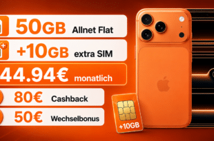 iPhone 17 Pro für einmalig 249€ mit 50GB Allnet Flat (+10GB extra SIM) und 80€ Cashback nur 44.94 Euro monatlich