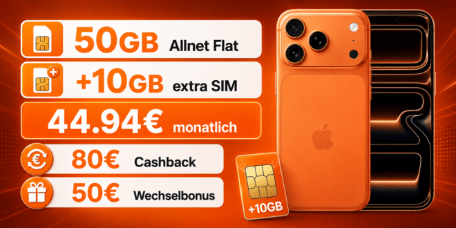 iPhone 17 Pro für einmalig 249€ mit 50GB Allnet Flat (+10GB extra SIM) und 80€ Cashback nur 44.94 Euro monatlich