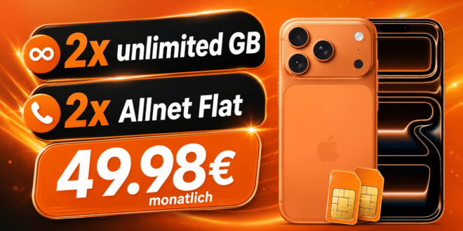 iPhone 17 Pro für einmalig 29€ mit 2x o2 unlimited GB Allnet Flat nur 49.98€ monatlich