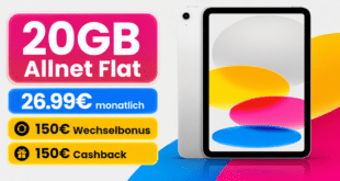 iPad 2025 11 WiFi für einmalig 42€ mit 20GB Allnet Flat und 150€ Wechselbonus und 150€ Cashback nur 26.99€ monatlich