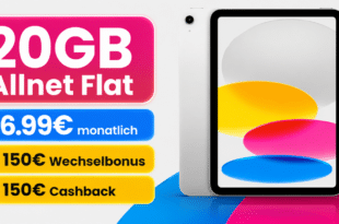 iPad 2025 11 WiFi für einmalig 42€ mit 20GB Allnet Flat und 150€ Wechselbonus und 150€ Cashback nur 26.99€ monatlich