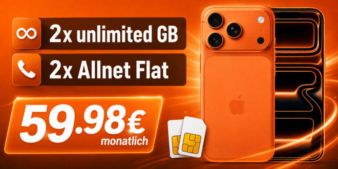 iPhone 17 Pro Max mit 256GB für einmalig 39€ mit o2 2x unlimited Allnet Flatrate (2 SIM Karten) für zusammen nur 59.98€ monatlich