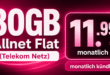 Monatlich kündbar im Netz der Telekom - 80GB Allnet Flat nur 11.99€ monatlich