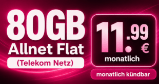 Monatlich kündbar im Netz der Telekom - 80GB Allnet Flat nur 11.99€ monatlich