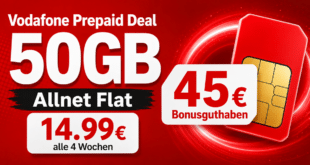 Prepaid Deal mit 45€ Bonusguthaben - 50GB Allnet Flat nur 14.99€ alle 4 Wochen