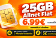 monatlich kündbar - 25GB Allnet Flat nur 6.99€ monatlich - 3 Monate gratis und 0€ Anschlussgebühr dank Cashback
