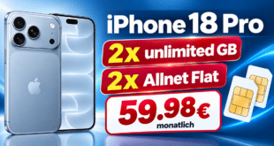 iPhone 18 Pro für einmalig 299€ mit 2x o2 unlimited Allnet Flat nur 59.98€ monatlich