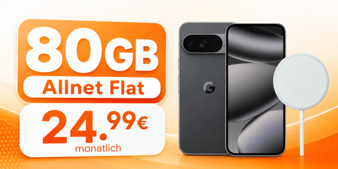 Google Pixel 10 Pro & Google Pixelsnap-Ladegerät für einmalig 79€ mit 80GB Allnet Flat nur 24.99€ monatlich