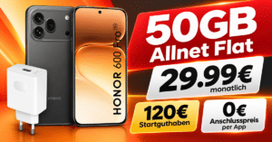 Honor 600 Pro & Supercharge Power Adapter für einmalig 139€ mit 50GB Allnet Flat und 120€ Startguthabnen nur 29.99€ monatlich