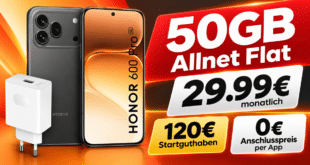 Honor 600 Pro & Supercharge Power Adapter für einmalig 139€ mit 50GB Allnet Flat und 120€ Startguthabnen nur 29.99€ monatlich